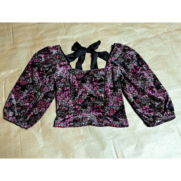 SO Brand Velvet Crop Top, Purple & Pink Poppies, Back Bow, Size Small - Picture 1 of 7